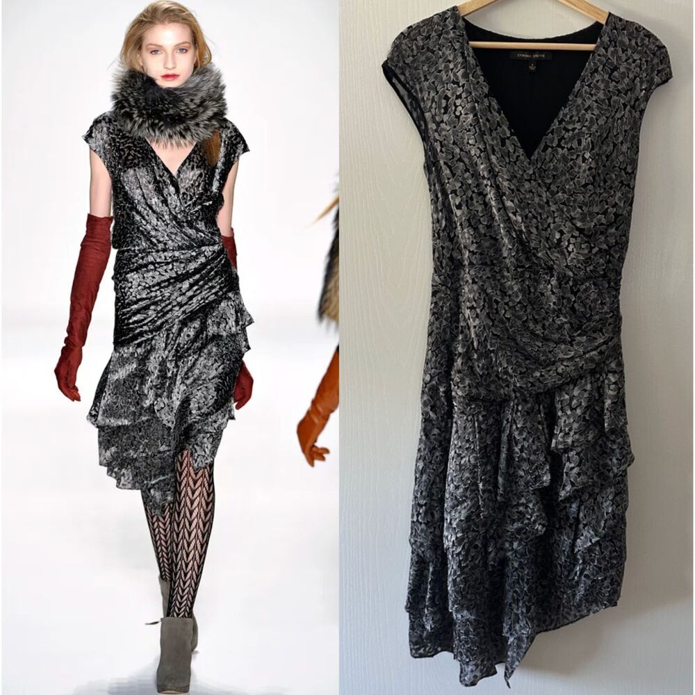 Cynthia Steffe Crushed Burnout Velvet Wrap Asymmetrical Dress Ruffle Runway US 4